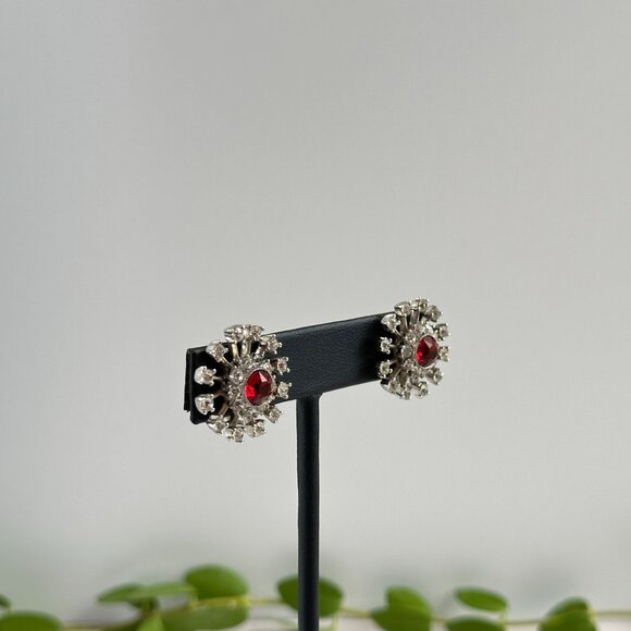 Vintage Sterling Clip-On Earrings, 1940s Rhinestone Starburst - Picture 5 of 7